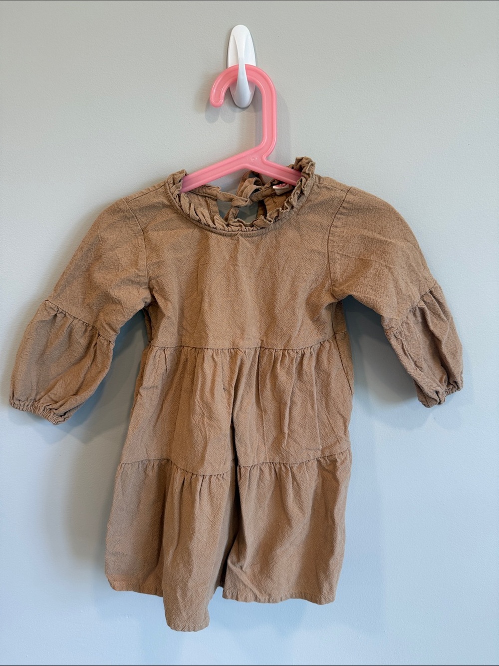 Girls' Casual Tiered Dress with Ruffle Neck in Brown
